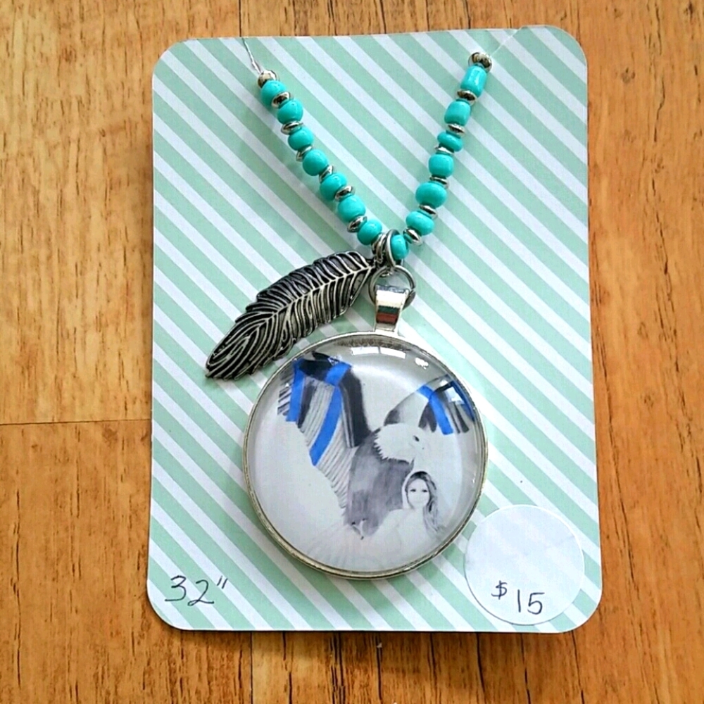 Handmade Original Design Necklace with Eagle Protecting Bride & Feather Charm‎